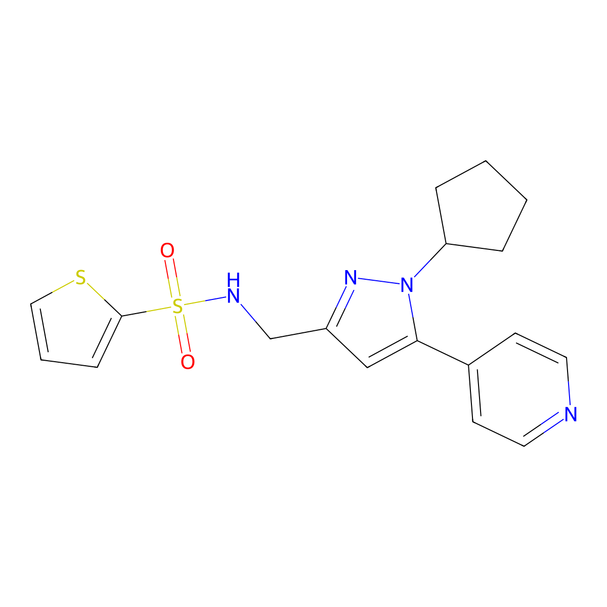 N-((1-cyclopentyl-5-(pyridin-4-yl)-1H-pyrazol-3-yl)methyl)thiophene-2-sulfonamide molecular structure, CAS 1421527-96-9