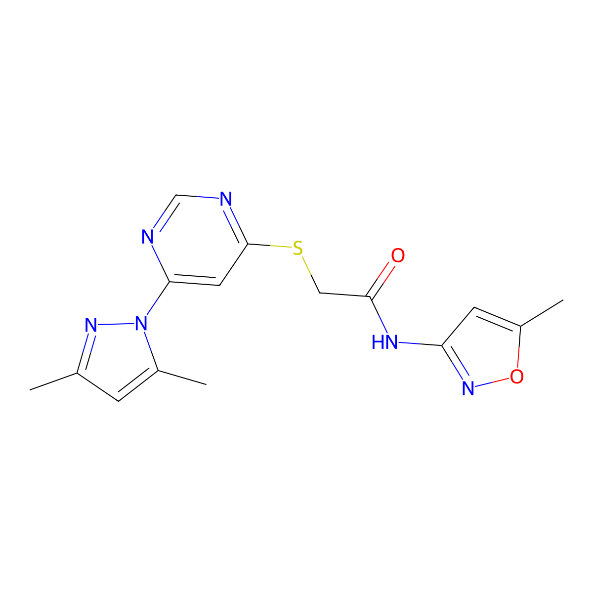 2-((6-(3,5-dimethyl-1H-pyrazol-1-yl)pyrimidin-4-yl)thio)-N-(5-methylisoxazol-3-yl)acetamide molecular structure, CAS 1421527-97-0