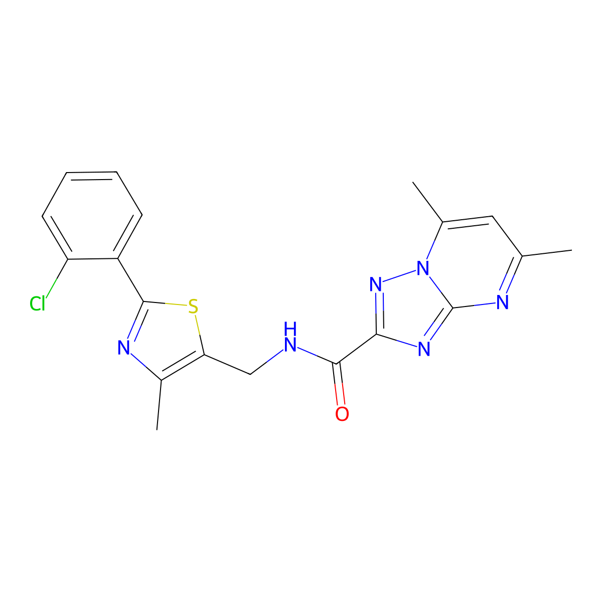 N-((2-(2-chlorophenyl)-4-methylthiazol-5-yl)methyl)-5,7-dimethyl-[1,2,4]triazolo[1,5-a]pyrimidine-2-carboxamide molecular structure, CAS 1421528-03-1