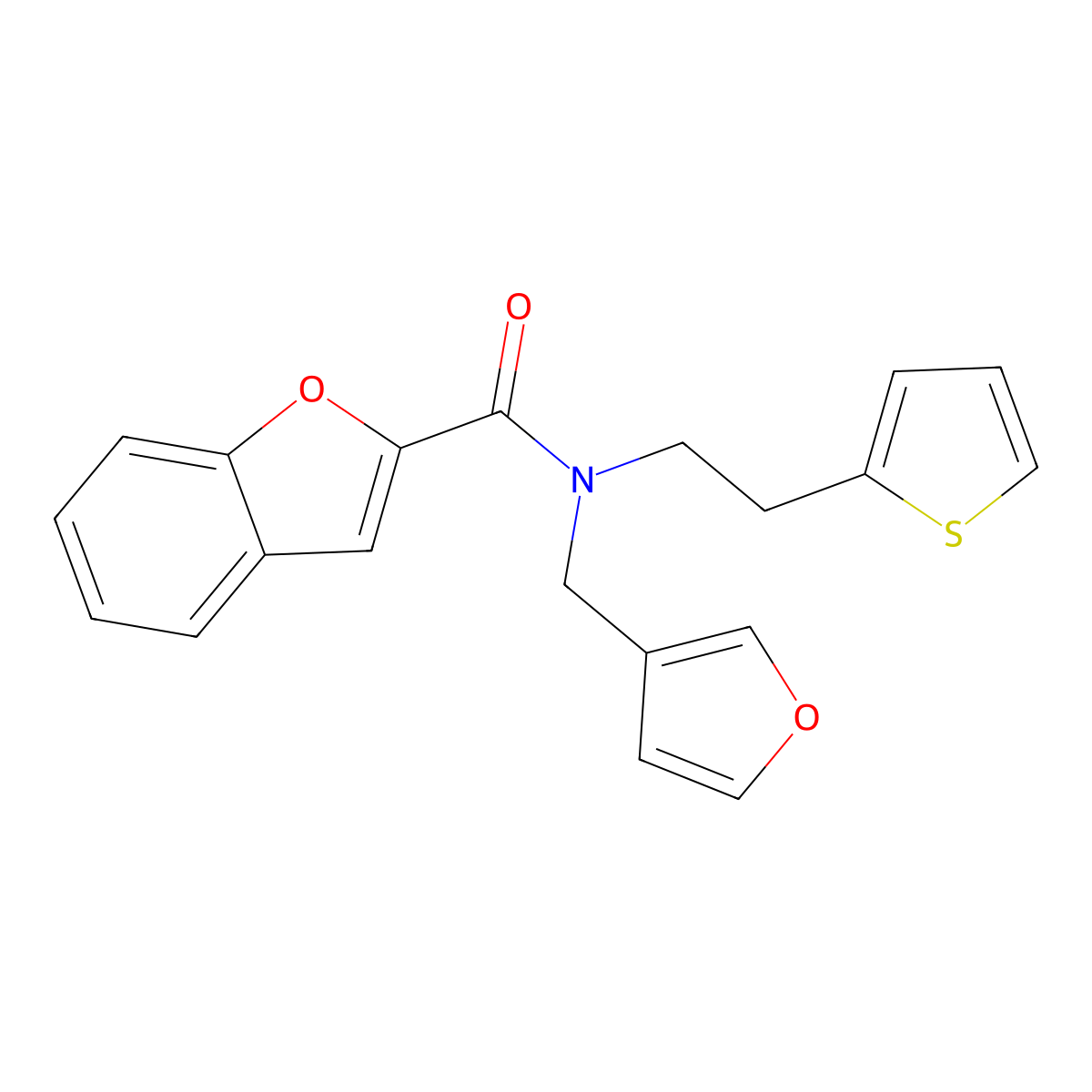 N-(furan-3-ylmethyl)-N-(2-(thiophen-2-yl)ethyl)benzofuran-2-carboxamide molecular structure, CAS 1421528-08-6