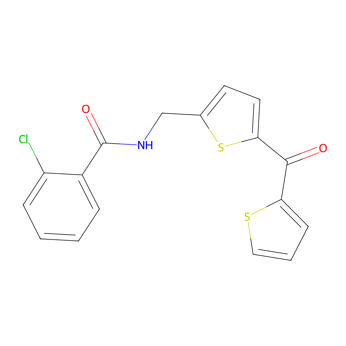 2-chloro-N-((5-(thiophene-2-carbonyl)thiophen-2-yl)methyl)benzamide molecular structure, CAS 1421528-09-7