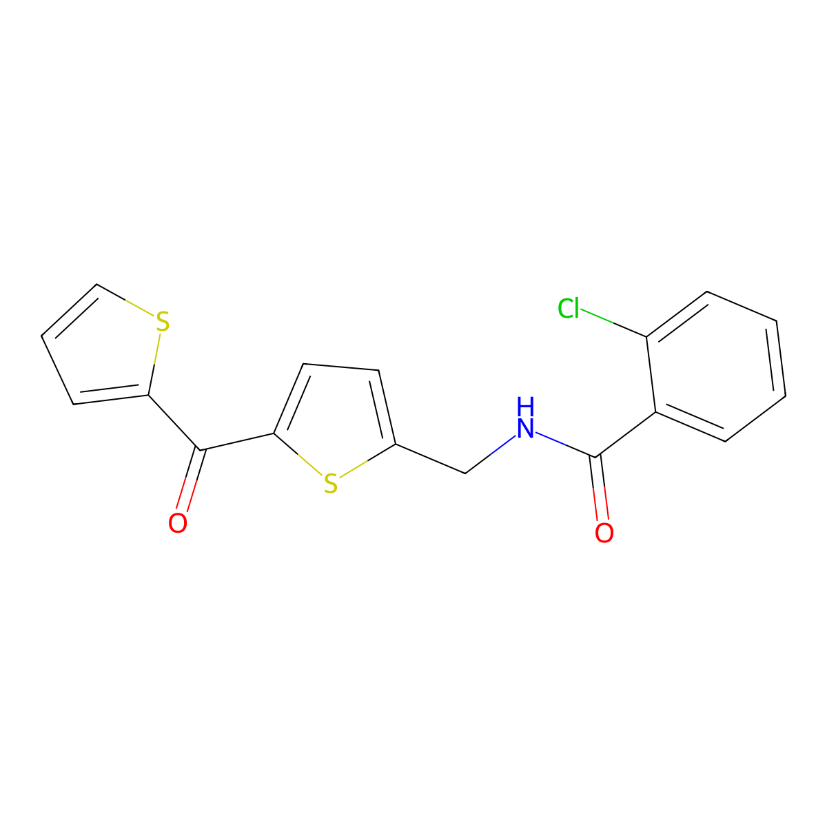 2-chloro-N-((5-(thiophene-2-carbonyl)thiophen-2-yl)methyl)benzamide molecular structure, CAS 1421528-09-7