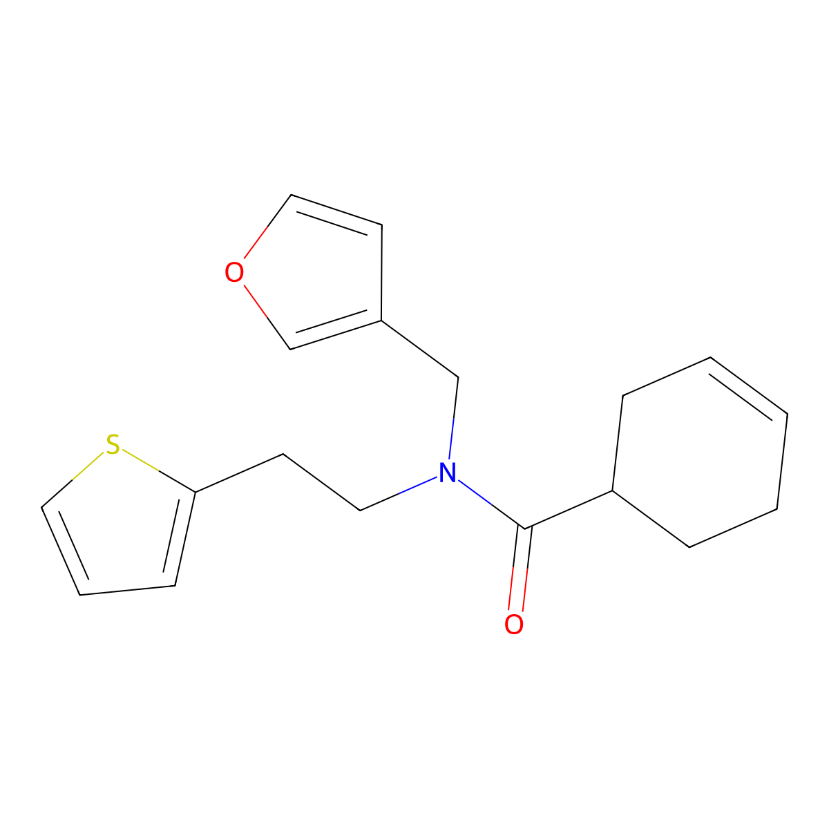 N-(furan-3-ylmethyl)-N-(2-(thiophen-2-yl)ethyl)cyclohex-3-enecarboxamide molecular structure, CAS 1421528-17-7