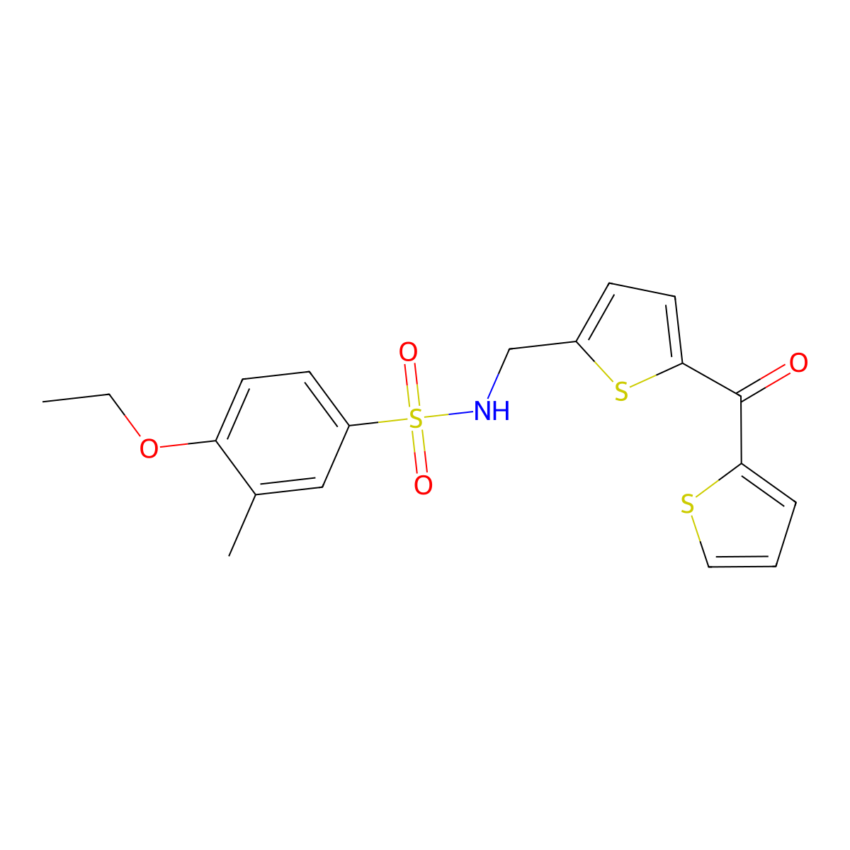 4-ethoxy-3-methyl-N-((5-(thiophene-2-carbonyl)thiophen-2-yl)methyl)benzenesulfonamide molecular structure, CAS 1421528-23-5