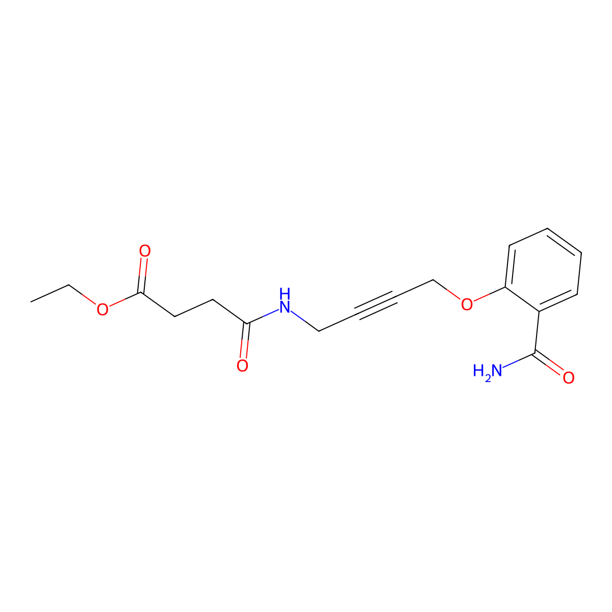 Ethyl 4-((4-(2-carbamoylphenoxy)but-2-yn-1-yl)amino)-4-oxobutanoate molecular structure, CAS 1421528-30-4