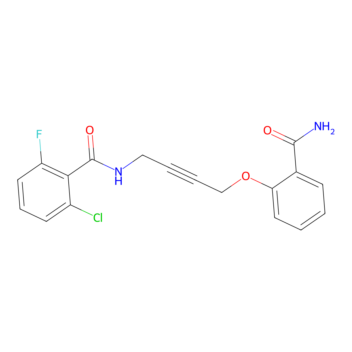 N-(4-(2-carbamoylphenoxy)but-2-yn-1-yl)-2-chloro-6-fluorobenzamide molecular structure, CAS 1421528-40-6