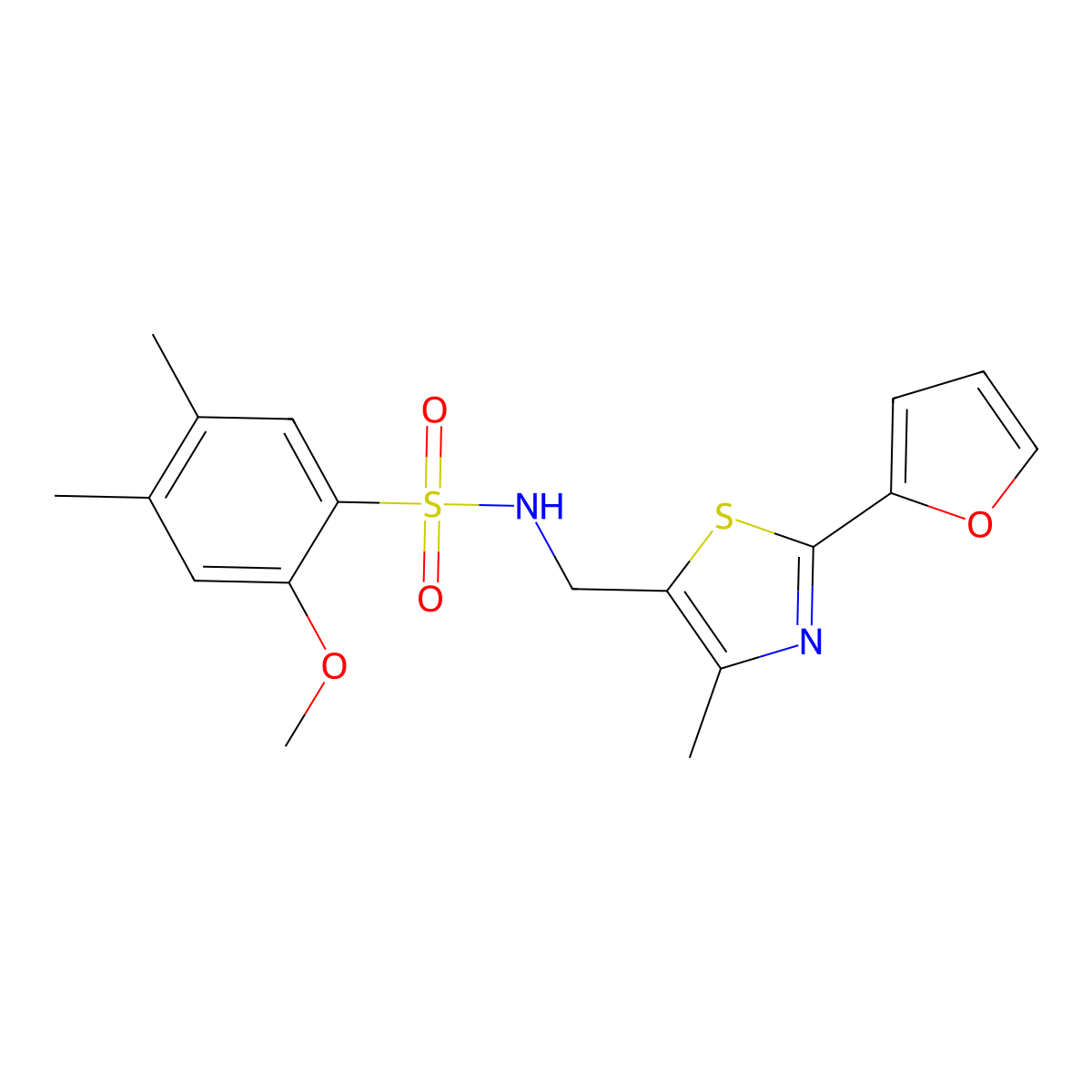N-((2-(furan-2-yl)-4-methylthiazol-5-yl)methyl)-2-methoxy-4,5-dimethylbenzenesulfonamide molecular structure, CAS 1421528-46-2
