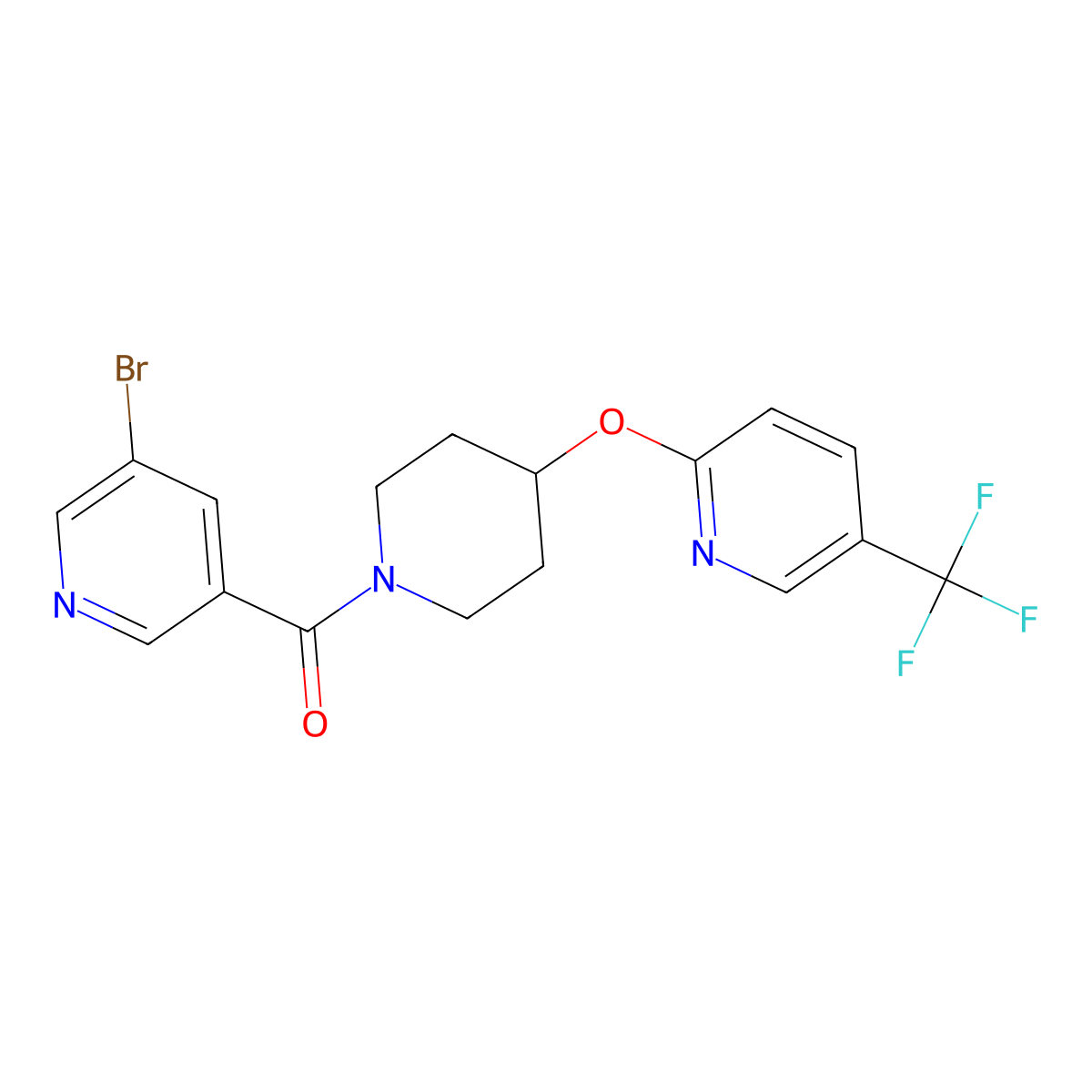 (5-Bromopyridin-3-yl)(4-((5-(trifluoromethyl)pyridin-2-yl)oxy)piperidin-1-yl)methanone molecular structure, CAS 1421528-62-2