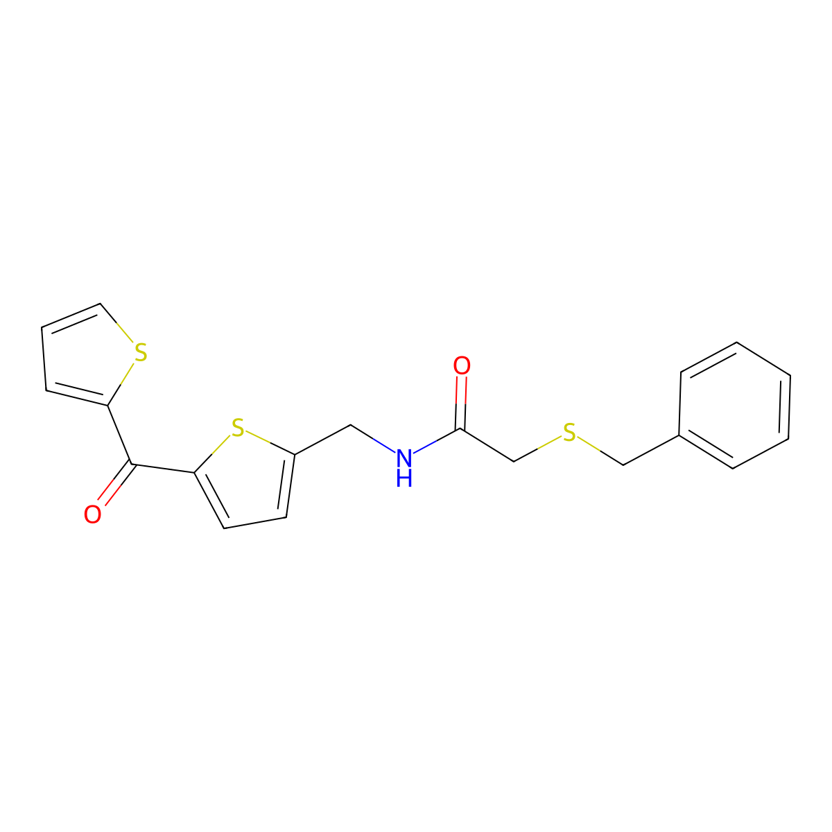 2-(benzylthio)-N-((5-(thiophene-2-carbonyl)thiophen-2-yl)methyl)acetamide molecular structure, CAS 1421528-66-6