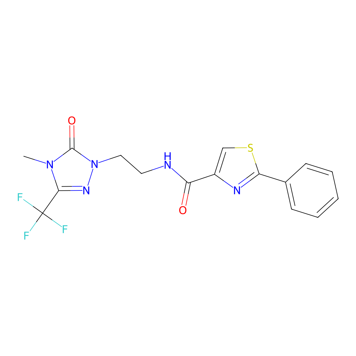 N-(2-(4-methyl-5-oxo-3-(trifluoromethyl)-4,5-dihydro-1H-1,2,4-triazol-1-yl)ethyl)-2-phenylthiazole-4-carboxamide molecular structure, CAS 1421528-80-4