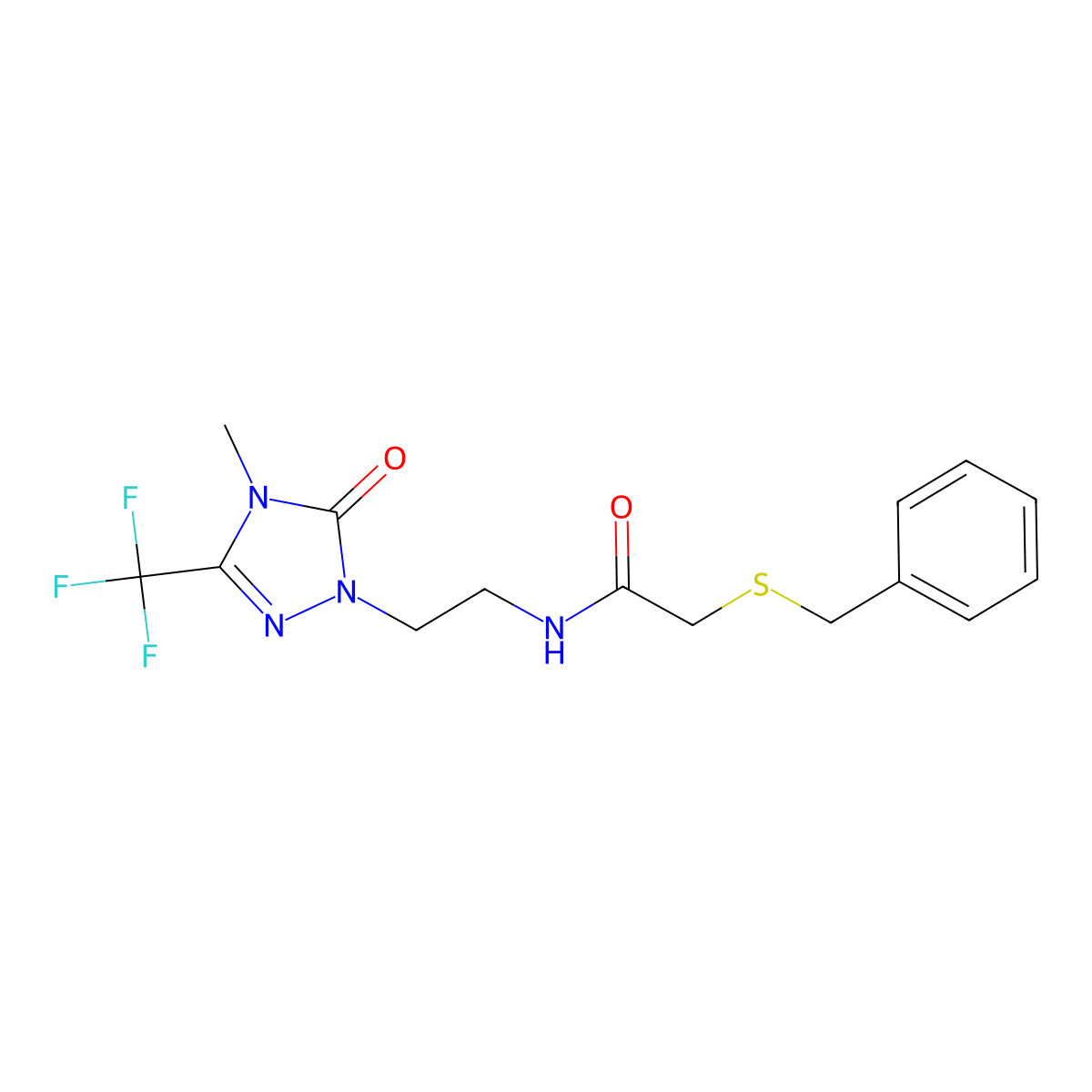 2-(benzylthio)-N-(2-(4-methyl-5-oxo-3-(trifluoromethyl)-4,5-dihydro-1H-1,2,4-triazol-1-yl)ethyl)acetamide molecular structure, CAS 1421528-96-2