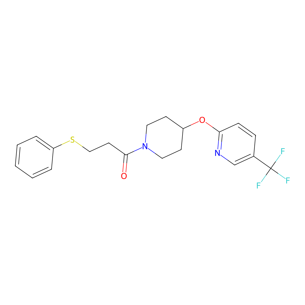 3-(Phenylthio)-1-(4-((5-(trifluoromethyl)pyridin-2-yl)oxy)piperidin-1-yl)propan-1-one molecular structure, CAS 1421528-98-4