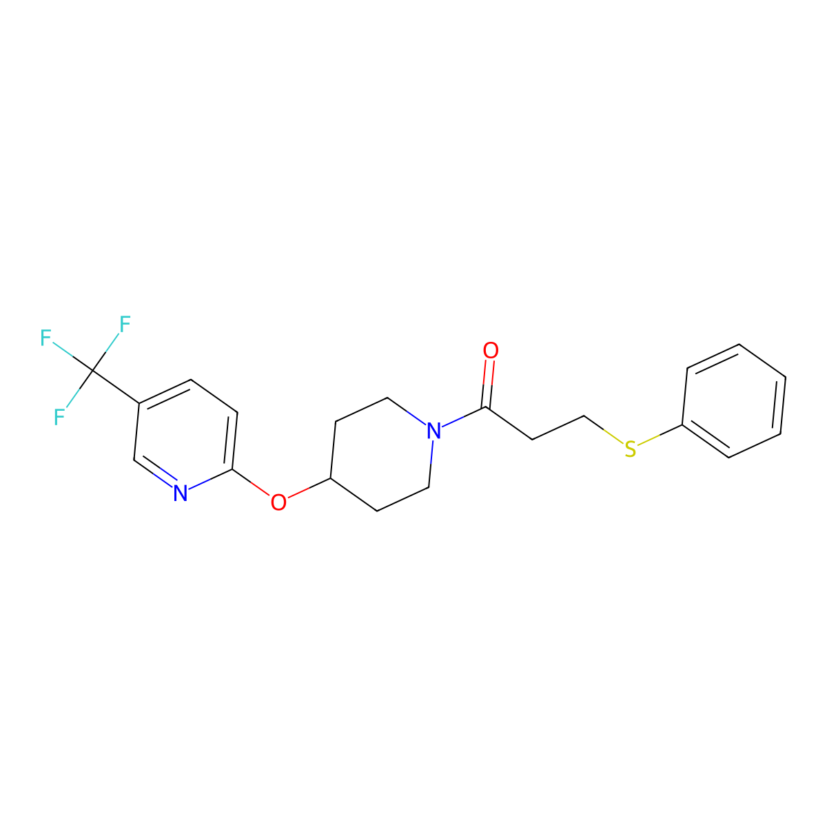 3-(Phenylthio)-1-(4-((5-(trifluoromethyl)pyridin-2-yl)oxy)piperidin-1-yl)propan-1-one molecular structure, CAS 1421528-98-4