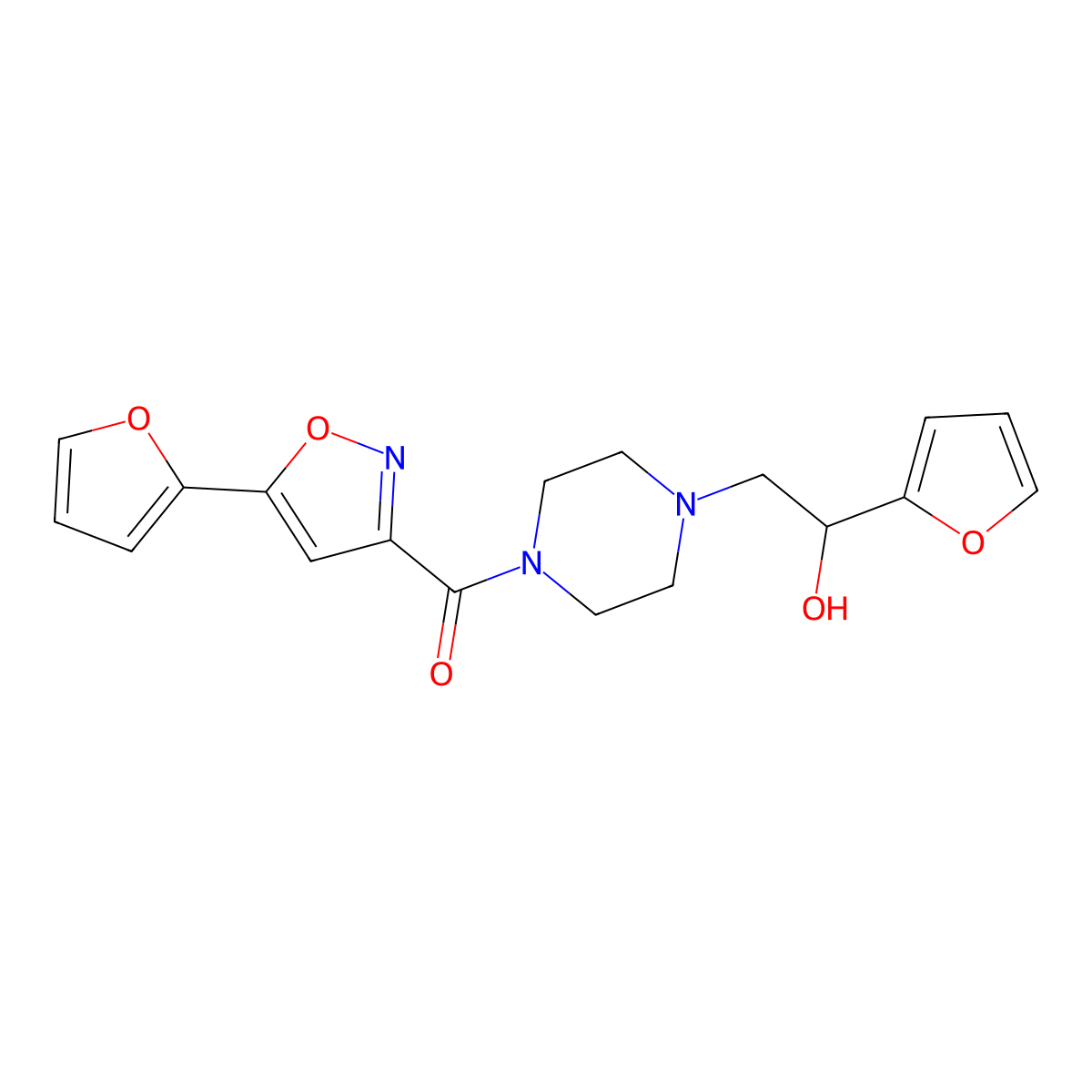 (4-(2-(Furan-2-yl)-2-hydroxyethyl)piperazin-1-yl)(5-(furan-2-yl)isoxazol-3-yl)methanone molecular structure, CAS 1421529-16-9