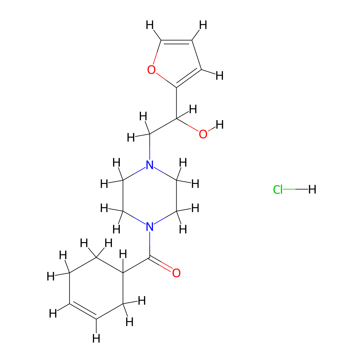 Cyclohex-3-en-1-yl(4-(2-(furan-2-yl)-2-hydroxyethyl)piperazin-1-yl)methanone hydrochloride molecular structure, CAS 1421529-43-2
