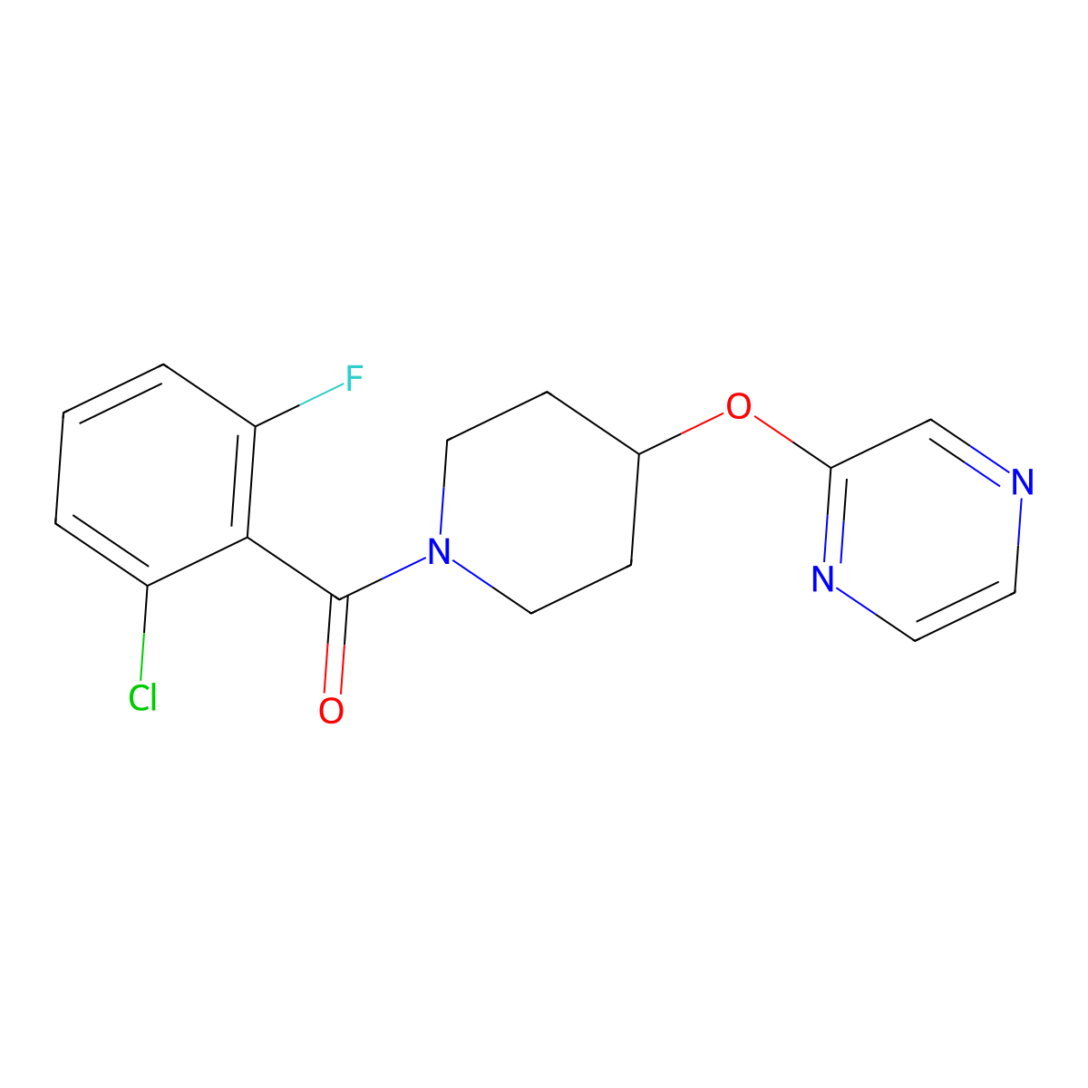 (2-Chloro-6-fluorophenyl)(4-(pyrazin-2-yloxy)piperidin-1-yl)methanone molecular structure, CAS 1421529-45-4