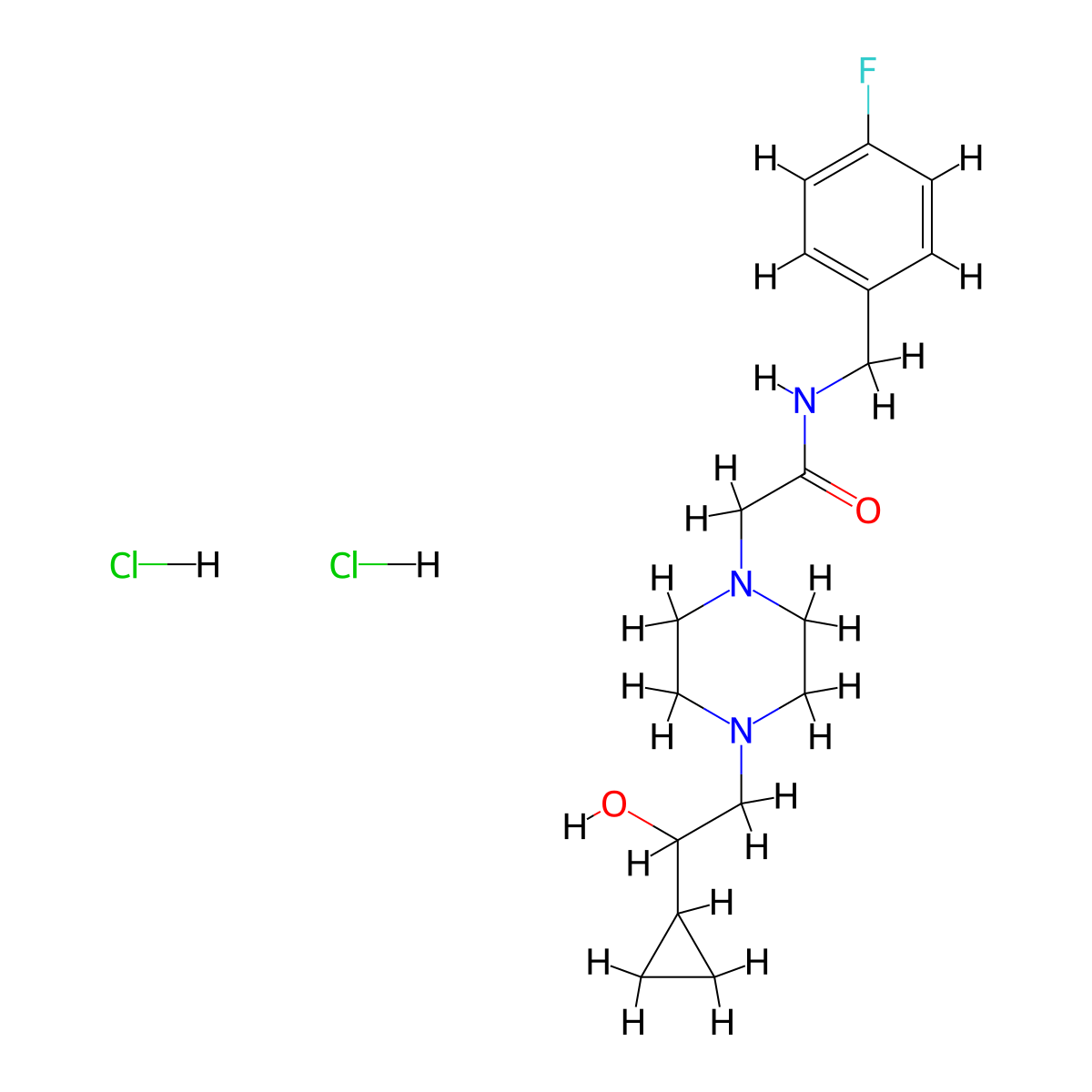 2-(4-(2-cyclopropyl-2-hydroxyethyl)piperazin-1-yl)-N-(4-fluorobenzyl)acetamide dihydrochloride molecular structure, CAS 1421529-49-8