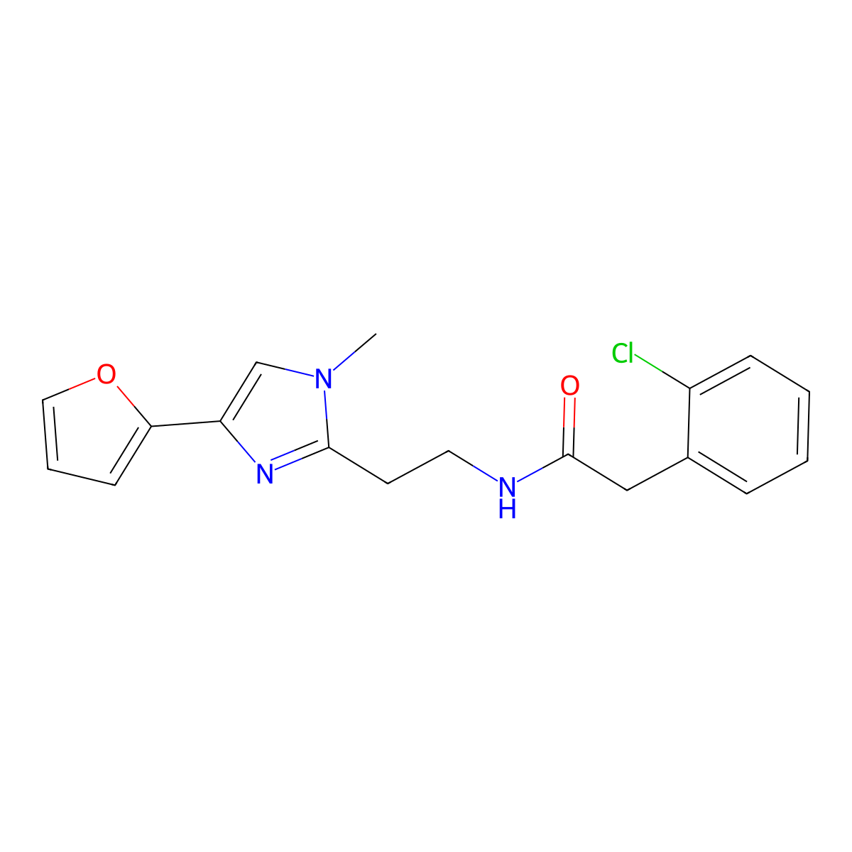 2-(2-chlorophenyl)-N-(2-(4-(furan-2-yl)-1-methyl-1H-imidazol-2-yl)ethyl)acetamide molecular structure, CAS 1421529-75-0