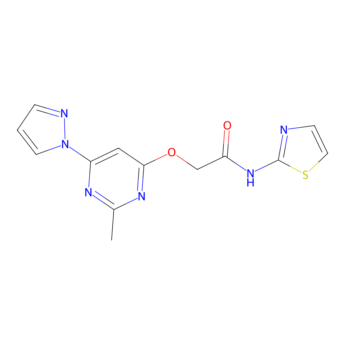 2-((2-methyl-6-(1H-pyrazol-1-yl)pyrimidin-4-yl)oxy)-N-(thiazol-2-yl)acetamide molecular structure, CAS 1421529-83-0