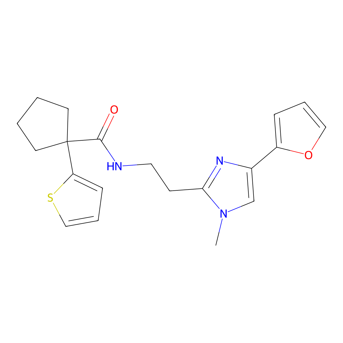 N-(2-(4-(furan-2-yl)-1-methyl-1H-imidazol-2-yl)ethyl)-1-(thiophen-2-yl)cyclopentanecarboxamide molecular structure, CAS 1421529-85-2
