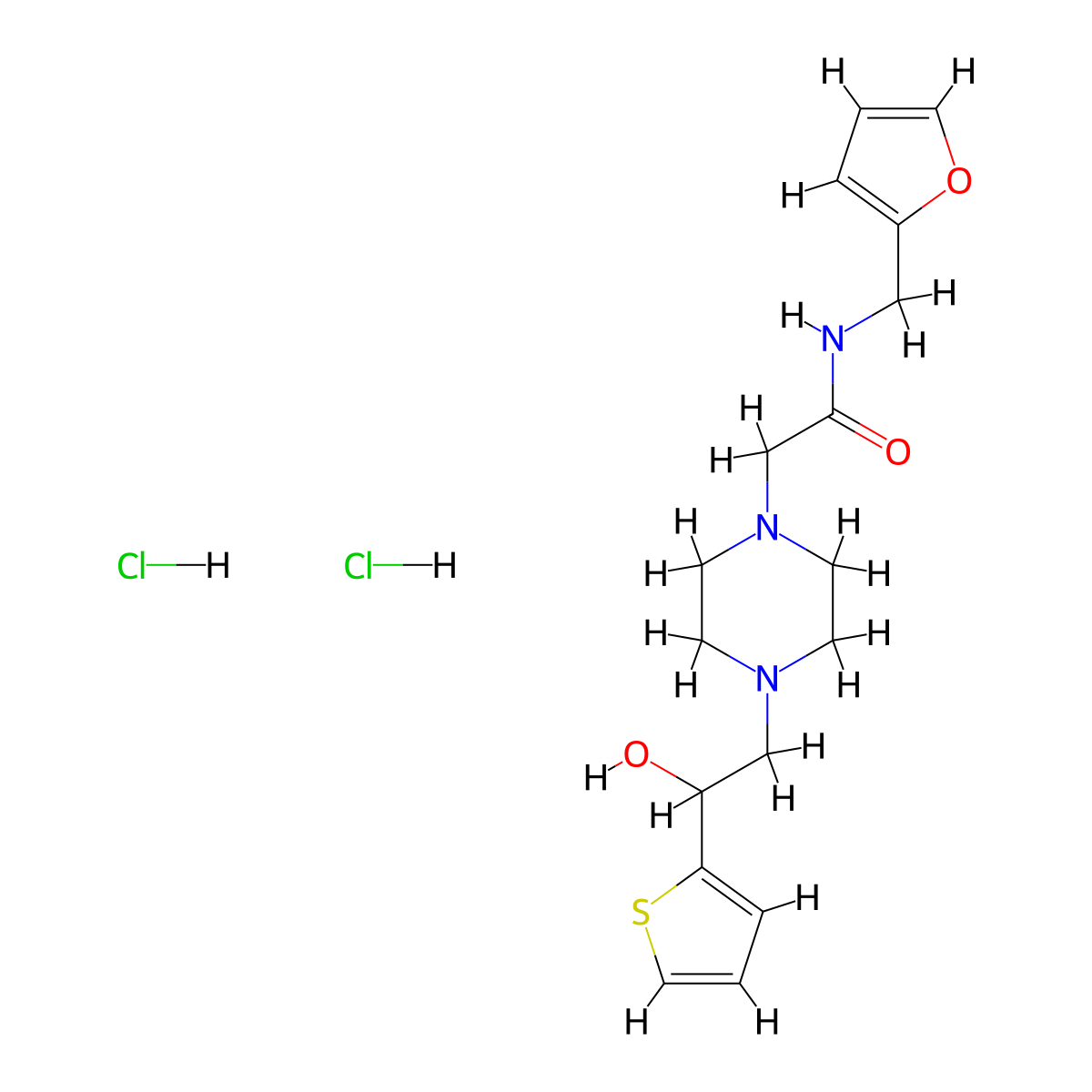N-(furan-2-ylmethyl)-2-(4-(2-hydroxy-2-(thiophen-2-yl)ethyl)piperazin-1-yl)acetamide dihydrochloride molecular structure, CAS 1421529-87-4