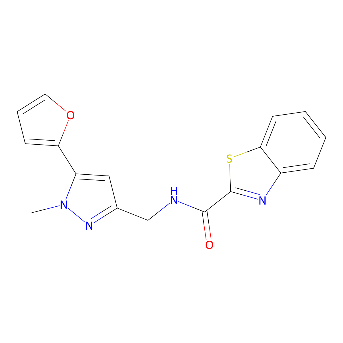 N-((5-(furan-2-yl)-1-methyl-1H-pyrazol-3-yl)methyl)benzo[d]thiazole-2-carboxamide molecular structure, CAS 1421529-93-2