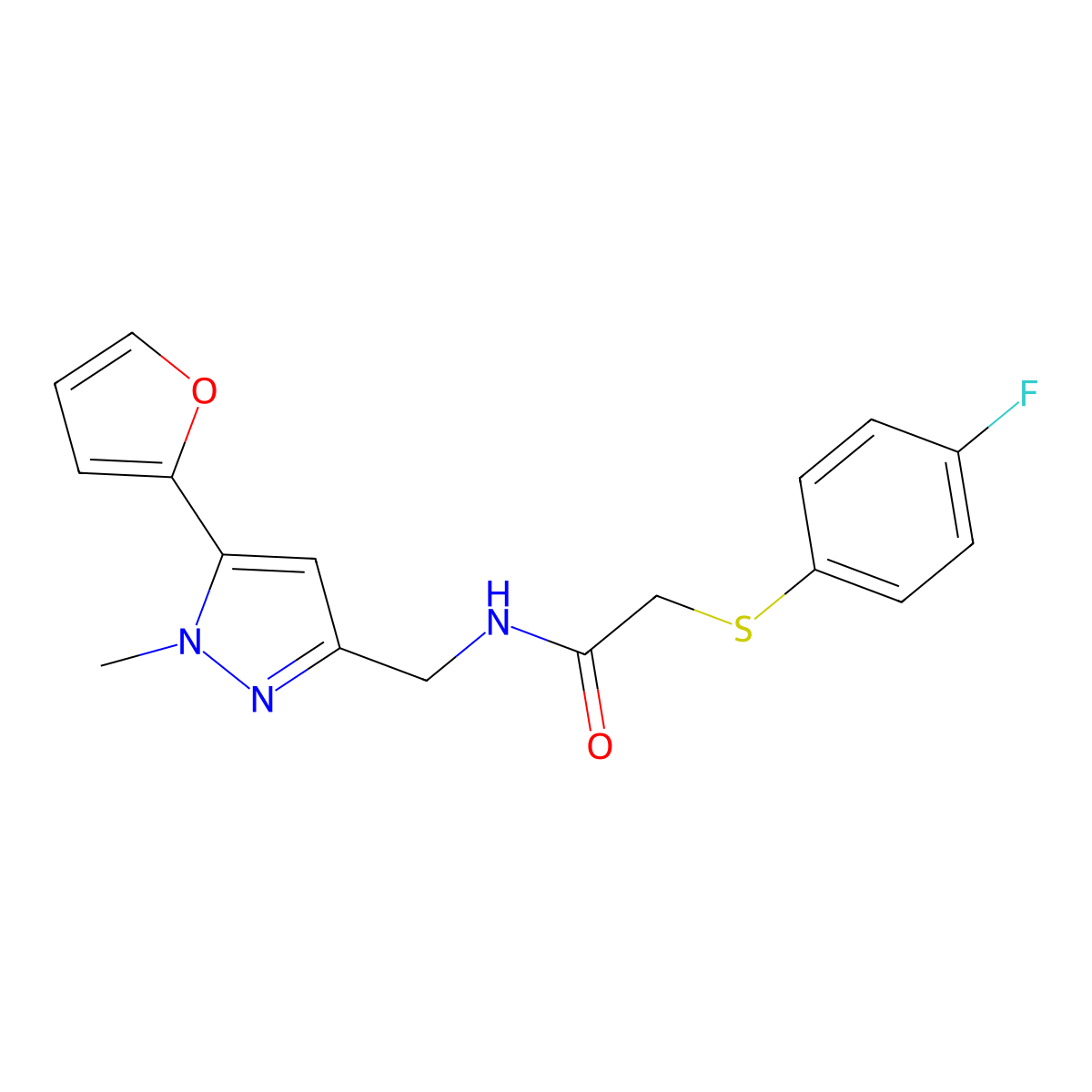 2-((4-fluorophenyl)thio)-N-((5-(furan-2-yl)-1-methyl-1H-pyrazol-3-yl)methyl)acetamide molecular structure, CAS 1421530-01-9