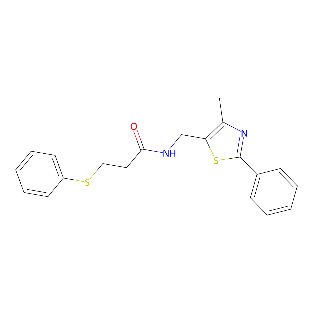 N-((4-methyl-2-phenylthiazol-5-yl)methyl)-3-(phenylthio)propanamide molecular structure, CAS 1421530-09-7