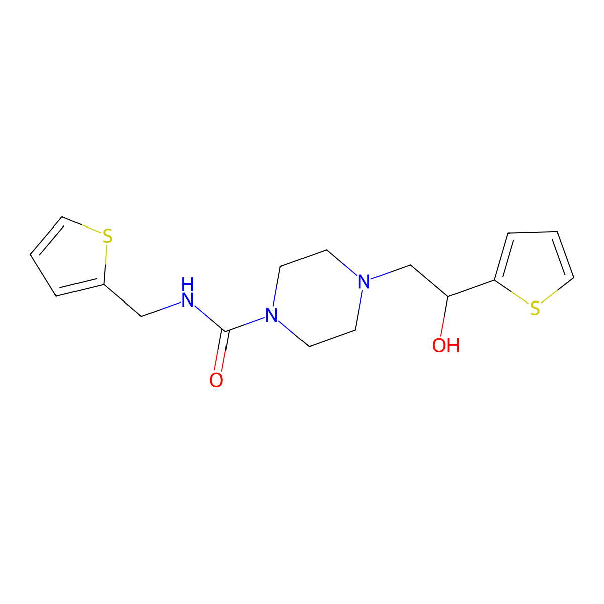 4-(2-hydroxy-2-(thiophen-2-yl)ethyl)-N-(thiophen-2-ylmethyl)piperazine-1-carboxamide molecular structure, CAS 1421530-12-2