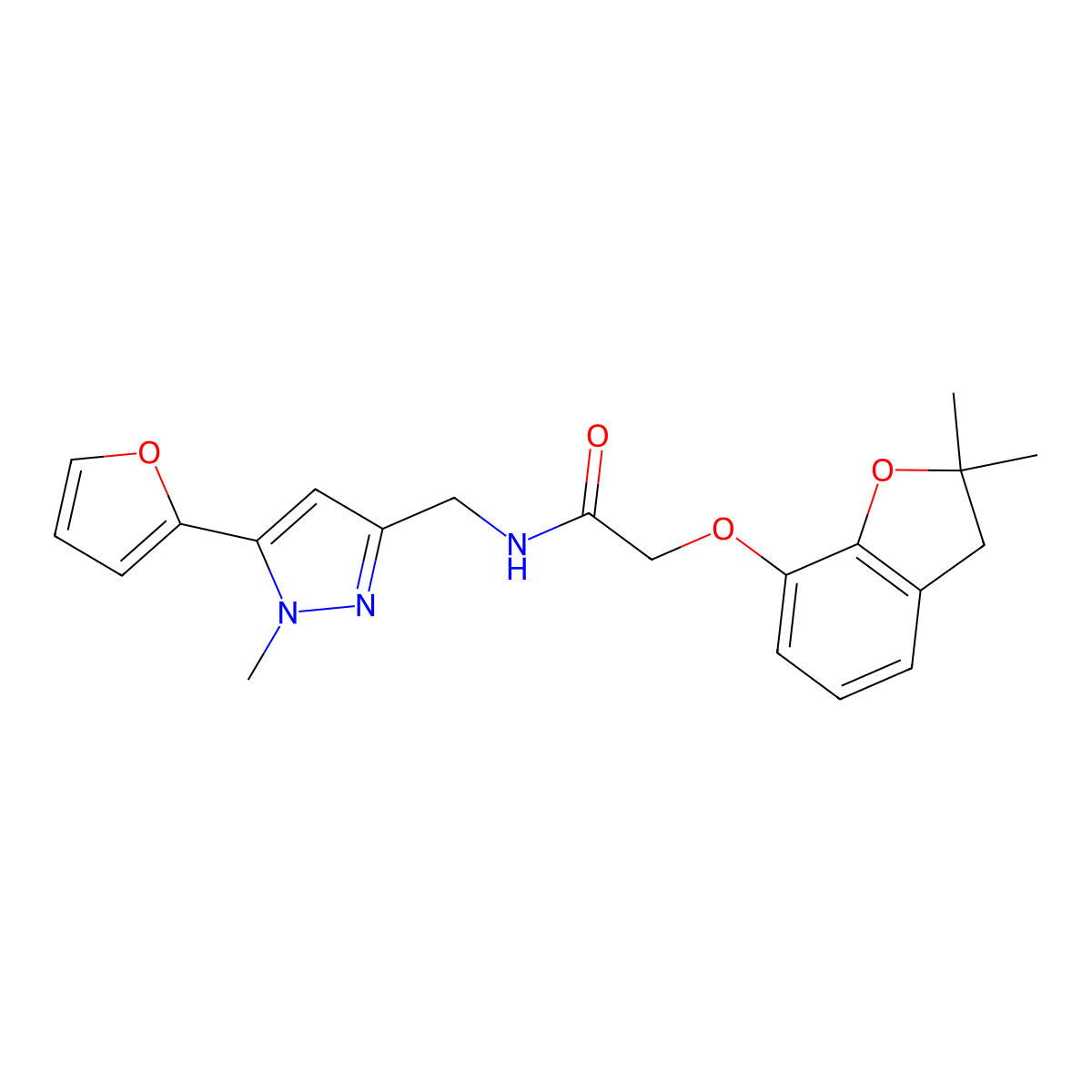 2-((2,2-dimethyl-2,3-dihydrobenzofuran-7-yl)oxy)-N-((5-(furan-2-yl)-1-methyl-1H-pyrazol-3-yl)methyl)acetamide molecular structure, CAS 1421530-14-4