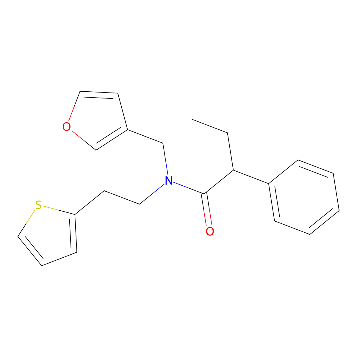 N-(furan-3-ylmethyl)-2-phenyl-N-(2-(thiophen-2-yl)ethyl)butanamide molecular structure, CAS 1421530-17-7