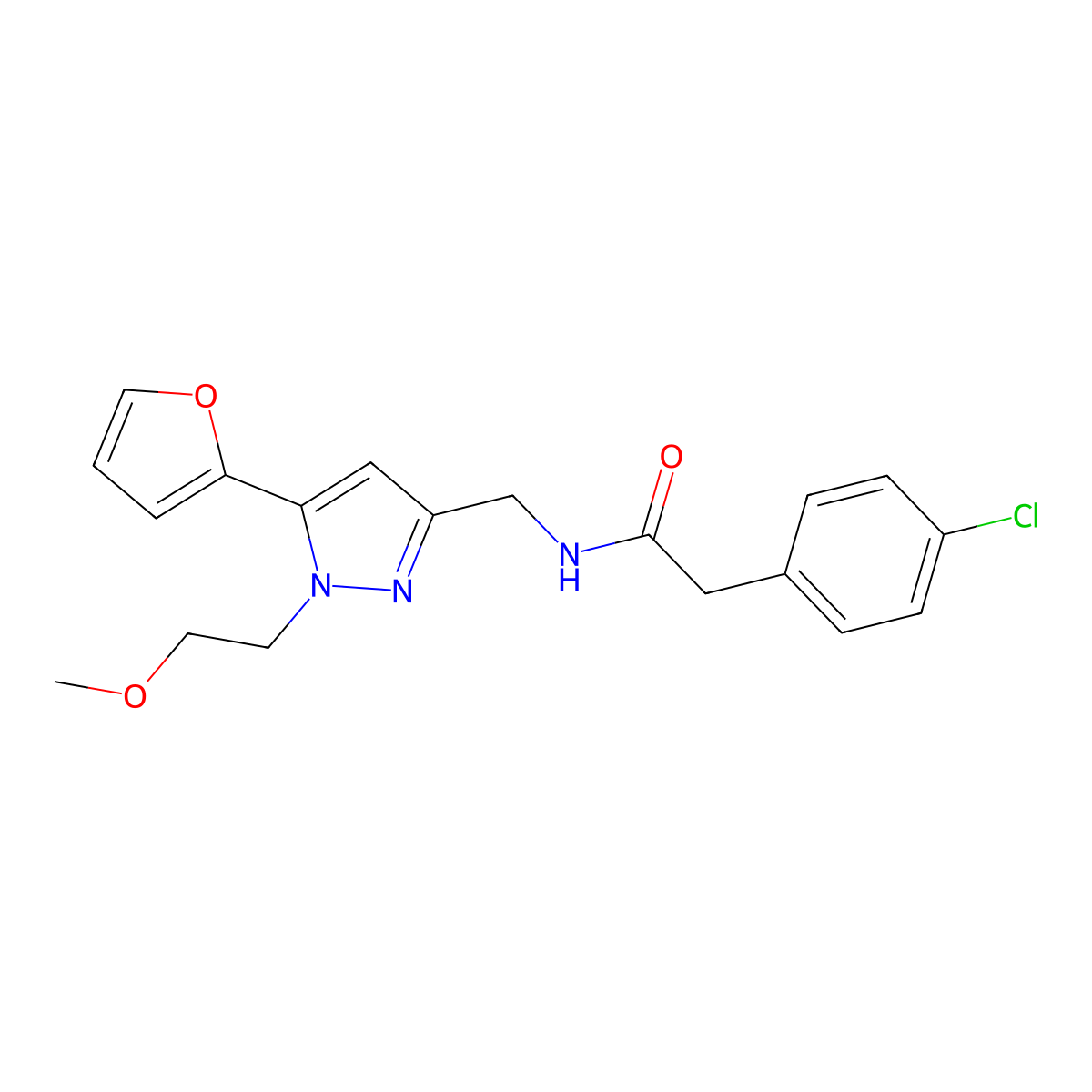 2-(4-chlorophenyl)-N-{[5-(furan-2-yl)-1-(2-methoxyethyl)-1H-pyrazol-3-yl]methyl}acetamide molecular structure, CAS 1421530-22-4