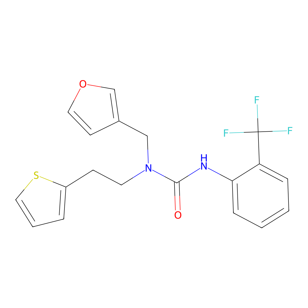 1-(Furan-3-ylmethyl)-1-(2-(thiophen-2-yl)ethyl)-3-(2-(trifluoromethyl)phenyl)urea molecular structure, CAS 1421530-32-6
