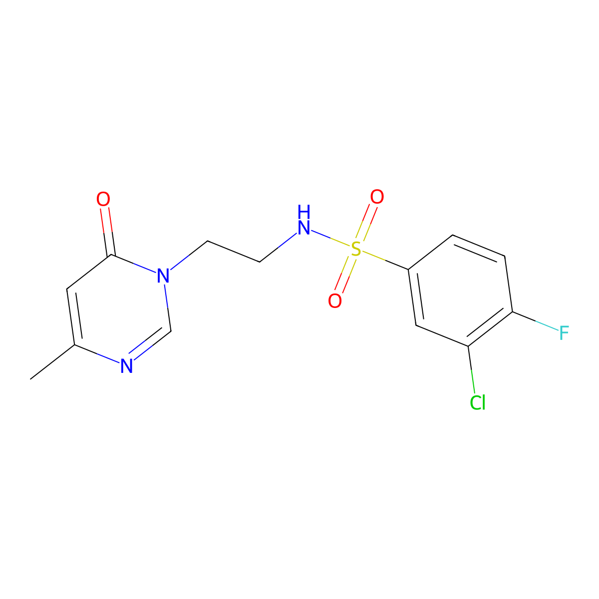 3-chloro-4-fluoro-N-(2-(4-methyl-6-oxopyrimidin-1(6H)-yl)ethyl)benzenesulfonamide molecular structure, CAS 1421530-37-1
