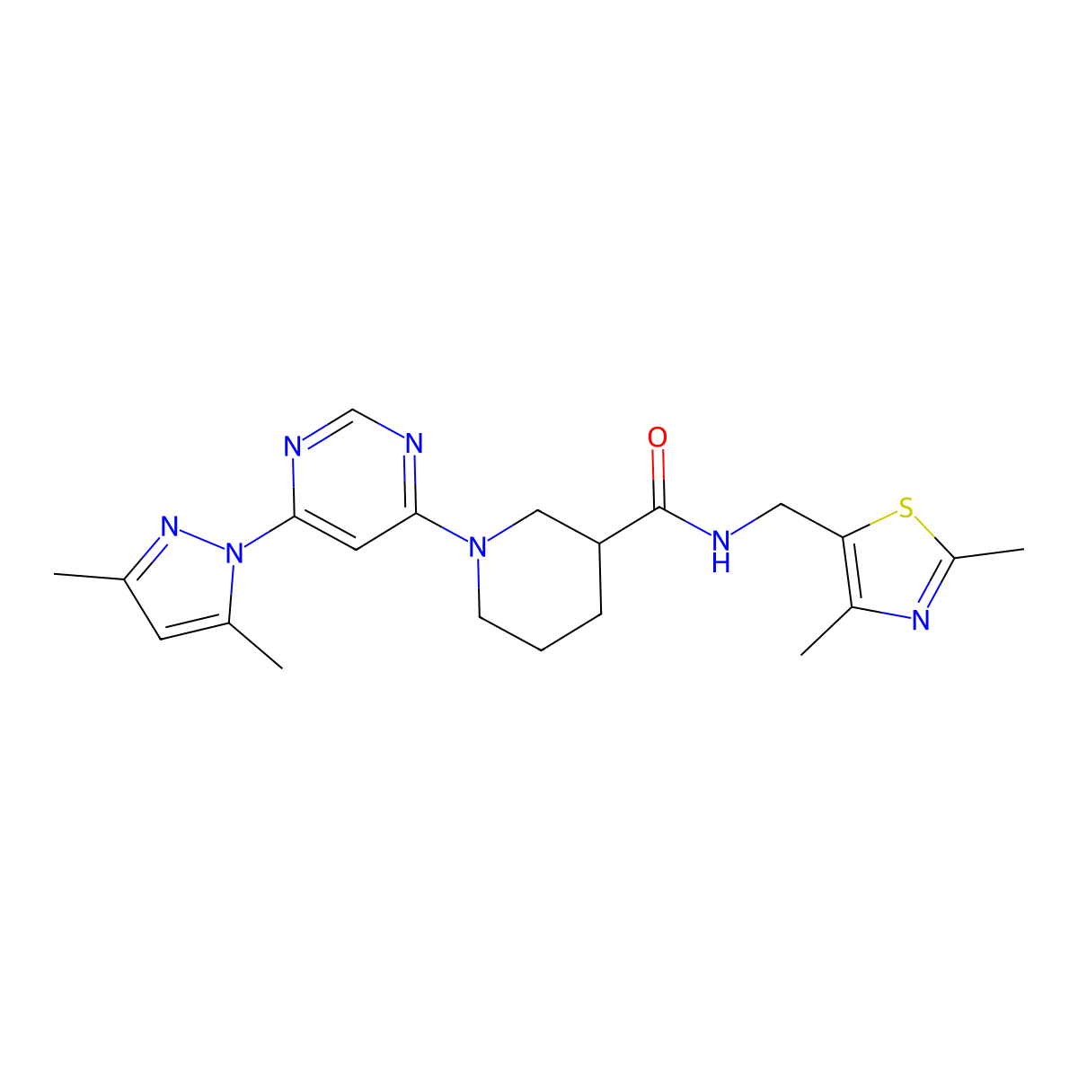 N-[(2,4-dimethyl-1,3-thiazol-5-yl)methyl]-1-[6-(3,5-dimethyl-1H-pyrazol-1-yl)pyrimidin-4-yl]piperidine-3-carboxamide molecular structure, CAS 1421530-42-8