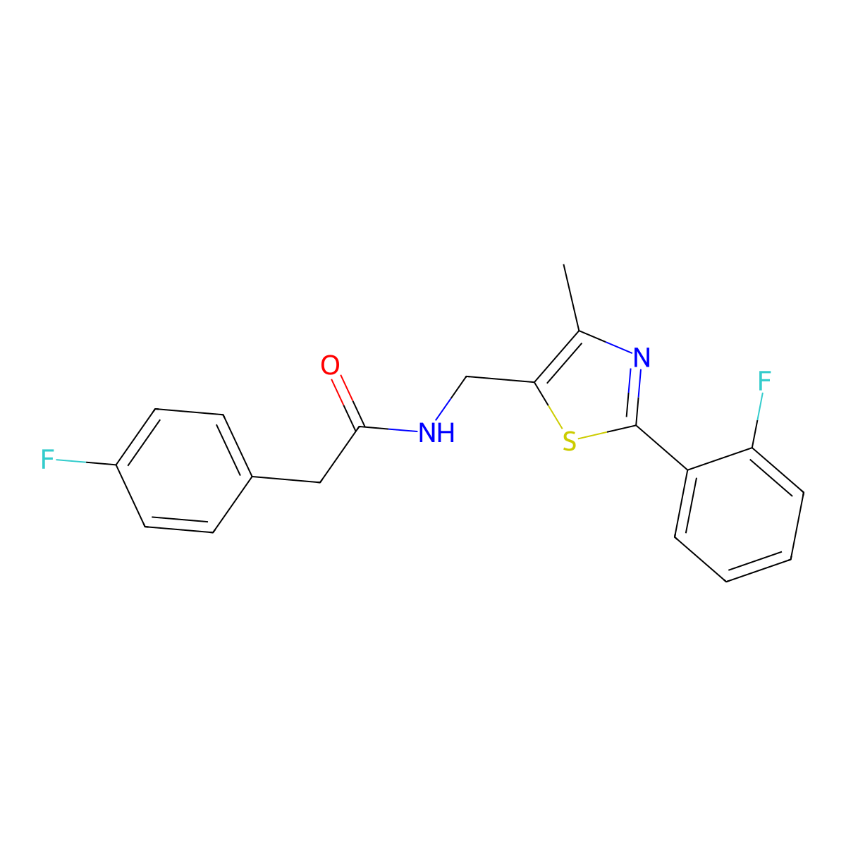 2-(4-fluorophenyl)-N-((2-(2-fluorophenyl)-4-methylthiazol-5-yl)methyl)acetamide molecular structure, CAS 1421530-51-9