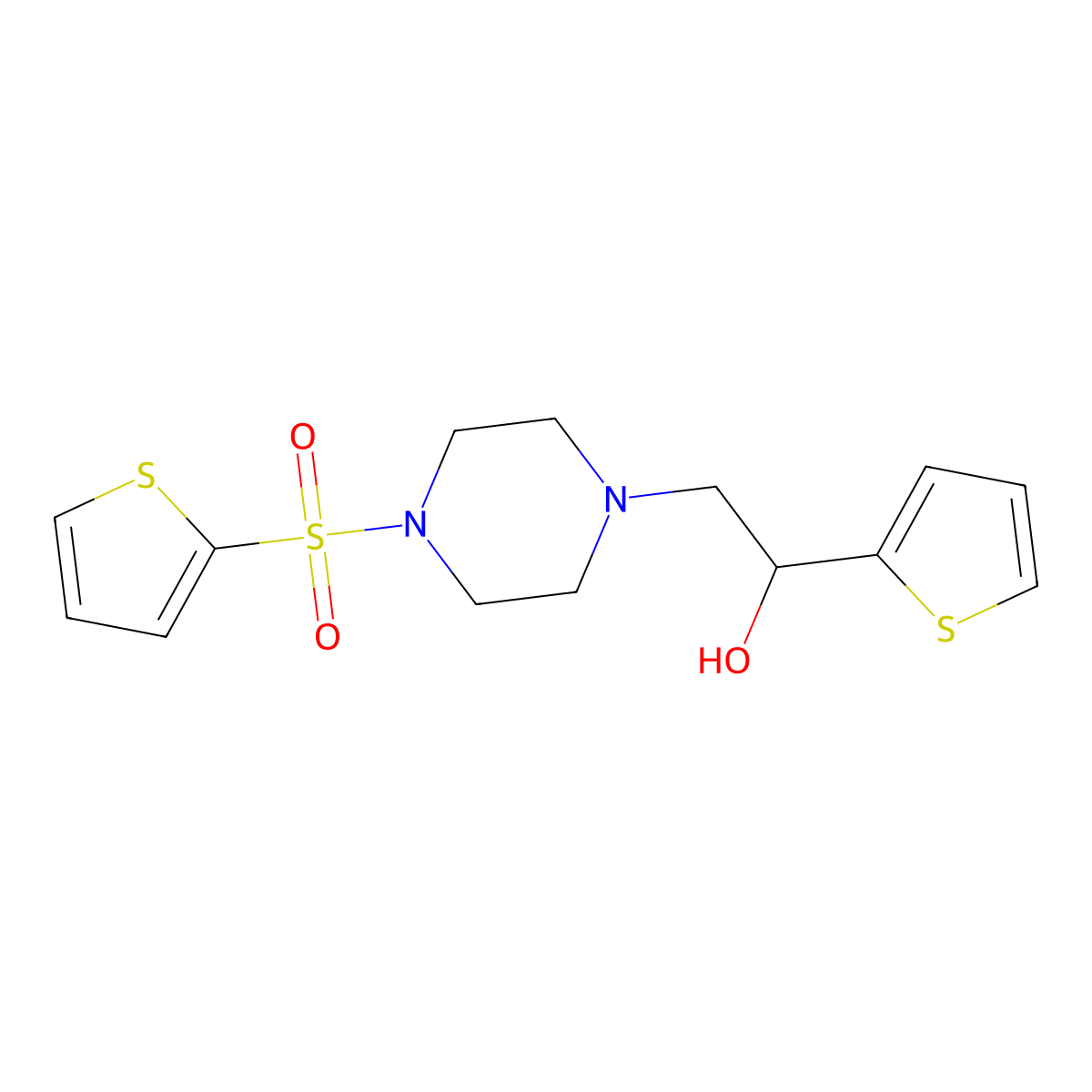 1-(Thiophen-2-yl)-2-(4-(thiophen-2-ylsulfonyl)piperazin-1-yl)ethanol molecular structure, CAS 1421530-52-0