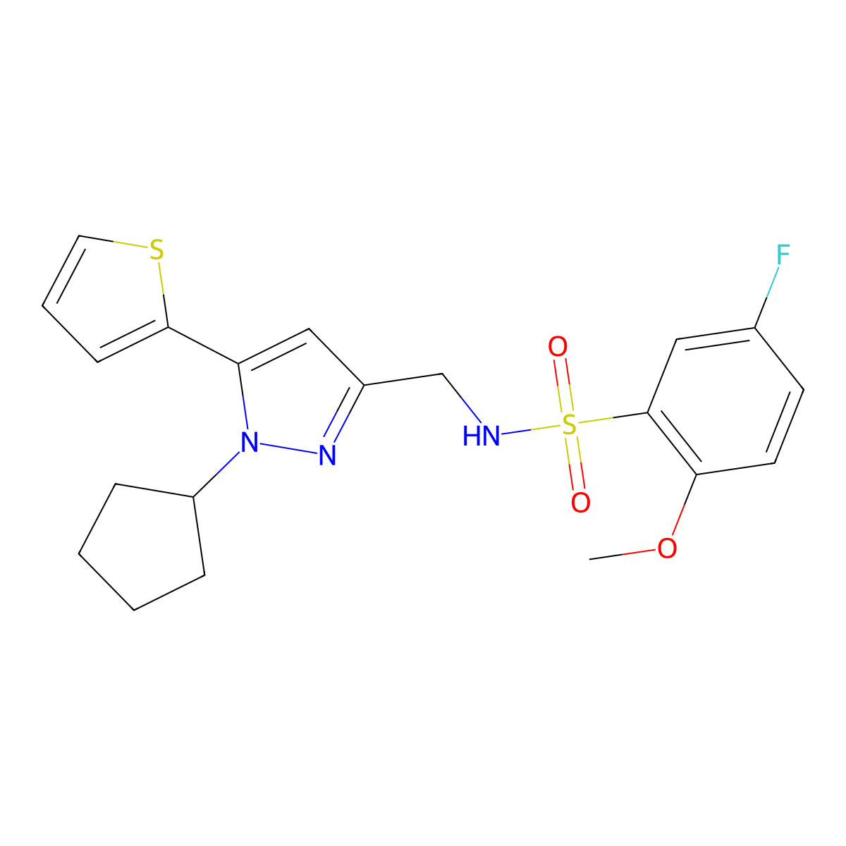 N-((1-cyclopentyl-5-(thiophen-2-yl)-1H-pyrazol-3-yl)methyl)-5-fluoro-2-methoxybenzenesulfonamide molecular structure, CAS 1421530-54-2