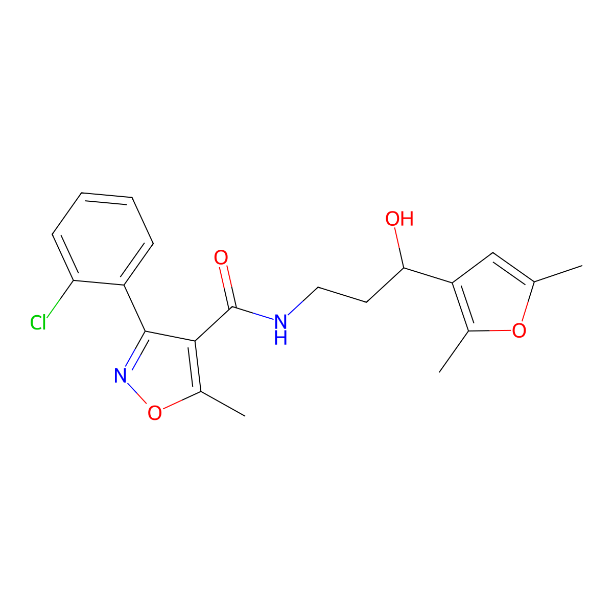 3-(2-chlorophenyl)-N-(3-(2,5-dimethylfuran-3-yl)-3-hydroxypropyl)-5-methylisoxazole-4-carboxamide molecular structure, CAS 1421530-78-0