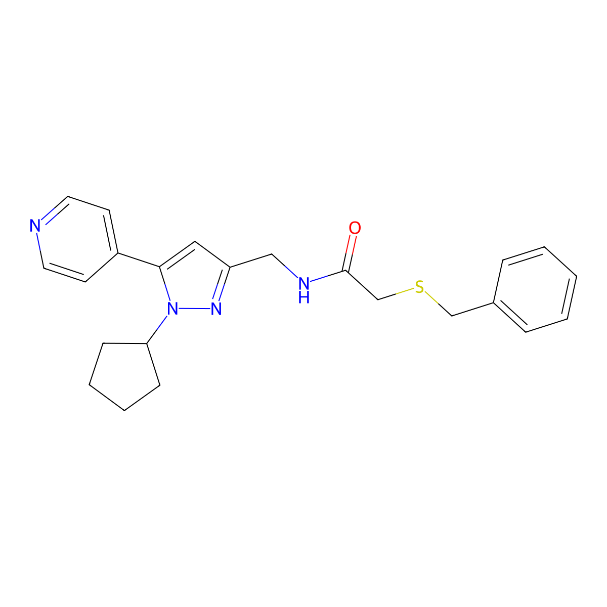 2-(benzylthio)-N-((1-cyclopentyl-5-(pyridin-4-yl)-1H-pyrazol-3-yl)methyl)acetamide molecular structure, CAS 1421530-80-4