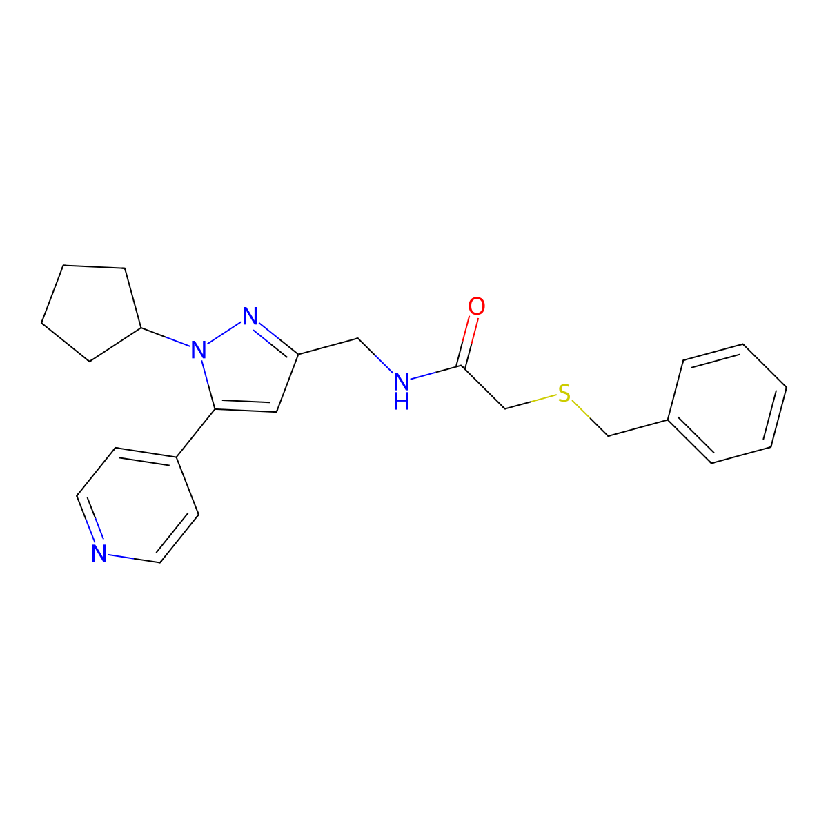 2-(benzylthio)-N-((1-cyclopentyl-5-(pyridin-4-yl)-1H-pyrazol-3-yl)methyl)acetamide molecular structure, CAS 1421530-80-4
