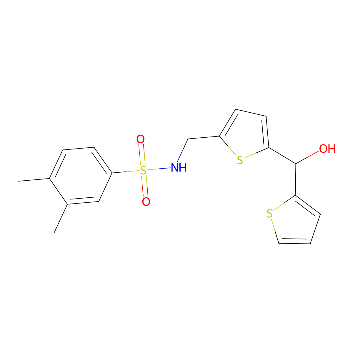 N-((5-(hydroxy(thiophen-2-yl)methyl)thiophen-2-yl)methyl)-3,4-dimethylbenzenesulfonamide molecular structure, CAS 1421530-82-6