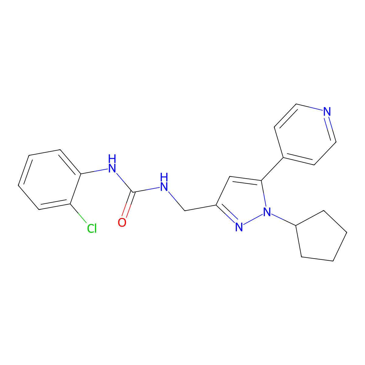 1-(2-chlorophenyl)-3-((1-cyclopentyl-5-(pyridin-4-yl)-1H-pyrazol-3-yl)methyl)urea molecular structure, CAS 1421530-84-8
