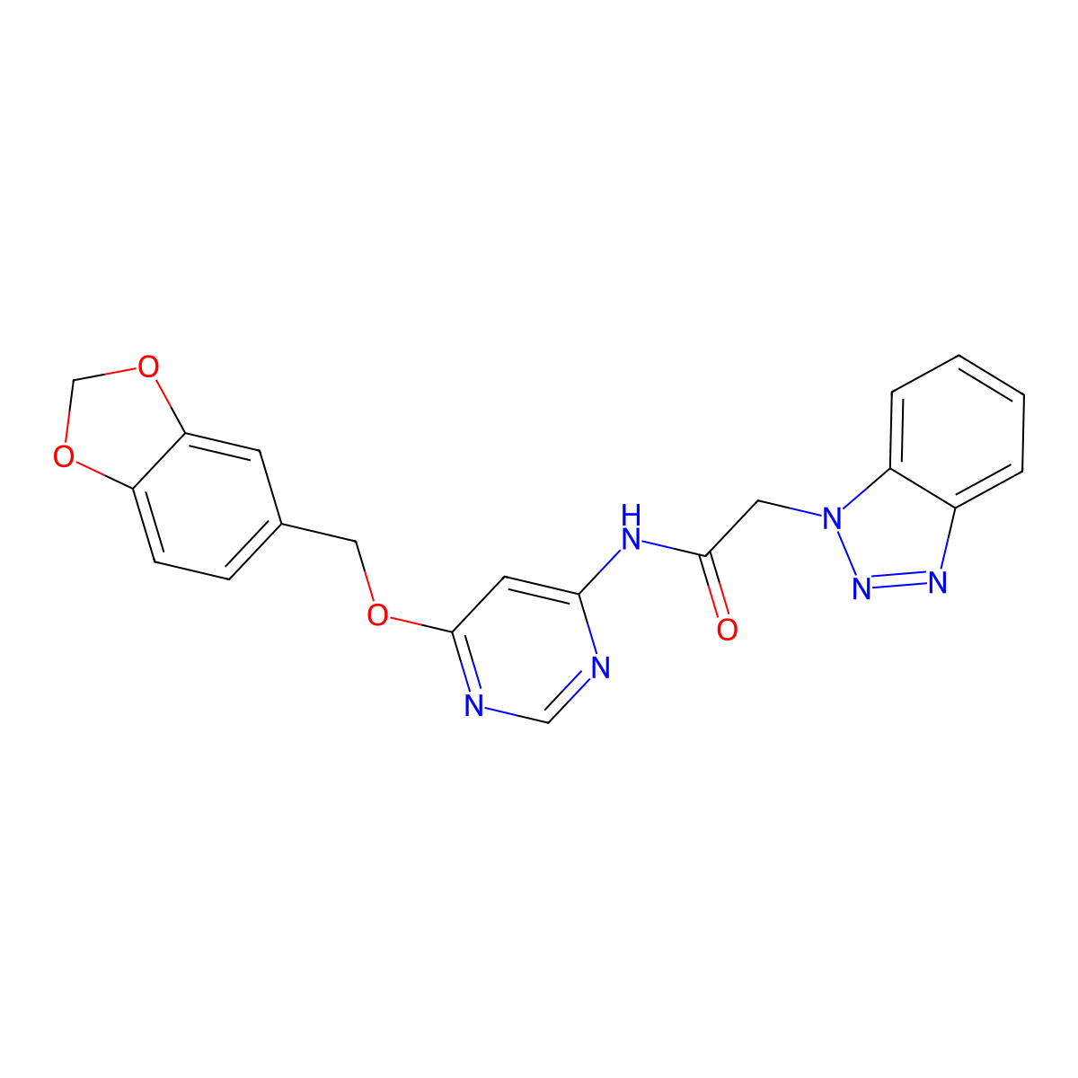2-(1H-benzo[d][1,2,3]triazol-1-yl)-N-(6-(benzo[d][1,3]dioxol-5-ylmethoxy)pyrimidin-4-yl)acetamide molecular structure, CAS 1421530-89-3