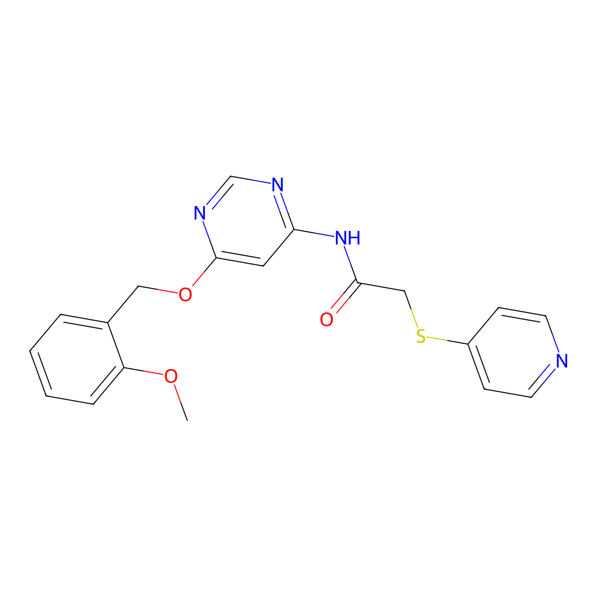 N-(6-((2-methoxybenzyl)oxy)pyrimidin-4-yl)-2-(pyridin-4-ylthio)acetamide molecular structure, CAS 1421530-96-2