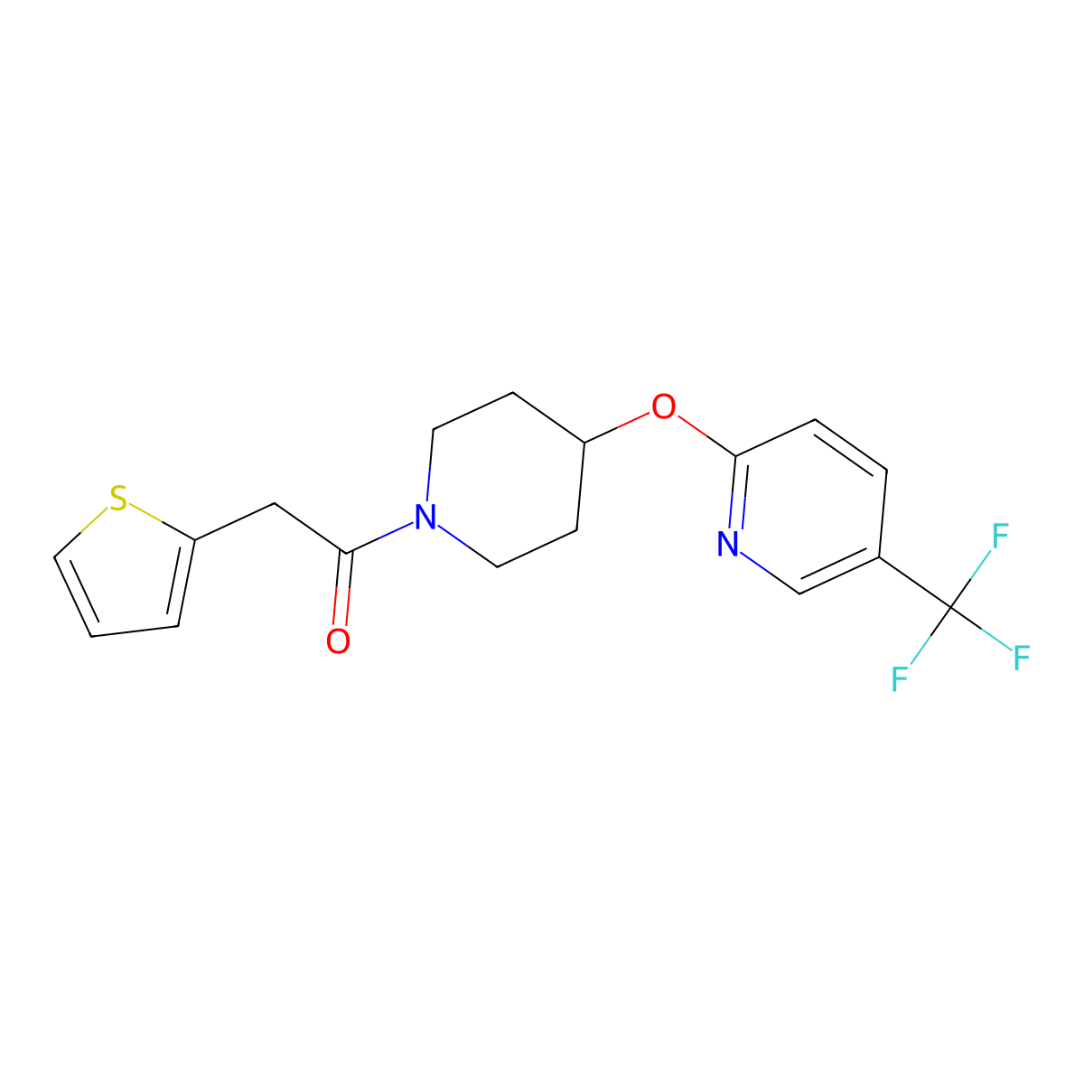 2-(Thiophen-2-yl)-1-(4-((5-(trifluoromethyl)pyridin-2-yl)oxy)piperidin-1-yl)ethanone molecular structure, CAS 1421531-19-2