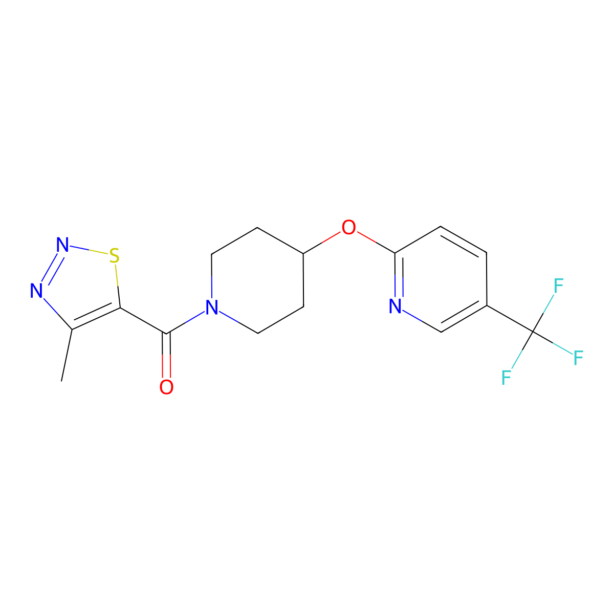 (4-Methyl-1,2,3-thiadiazol-5-yl)(4-((5-(trifluoromethyl)pyridin-2-yl)oxy)piperidin-1-yl)methanone molecular structure, CAS 1421531-25-0