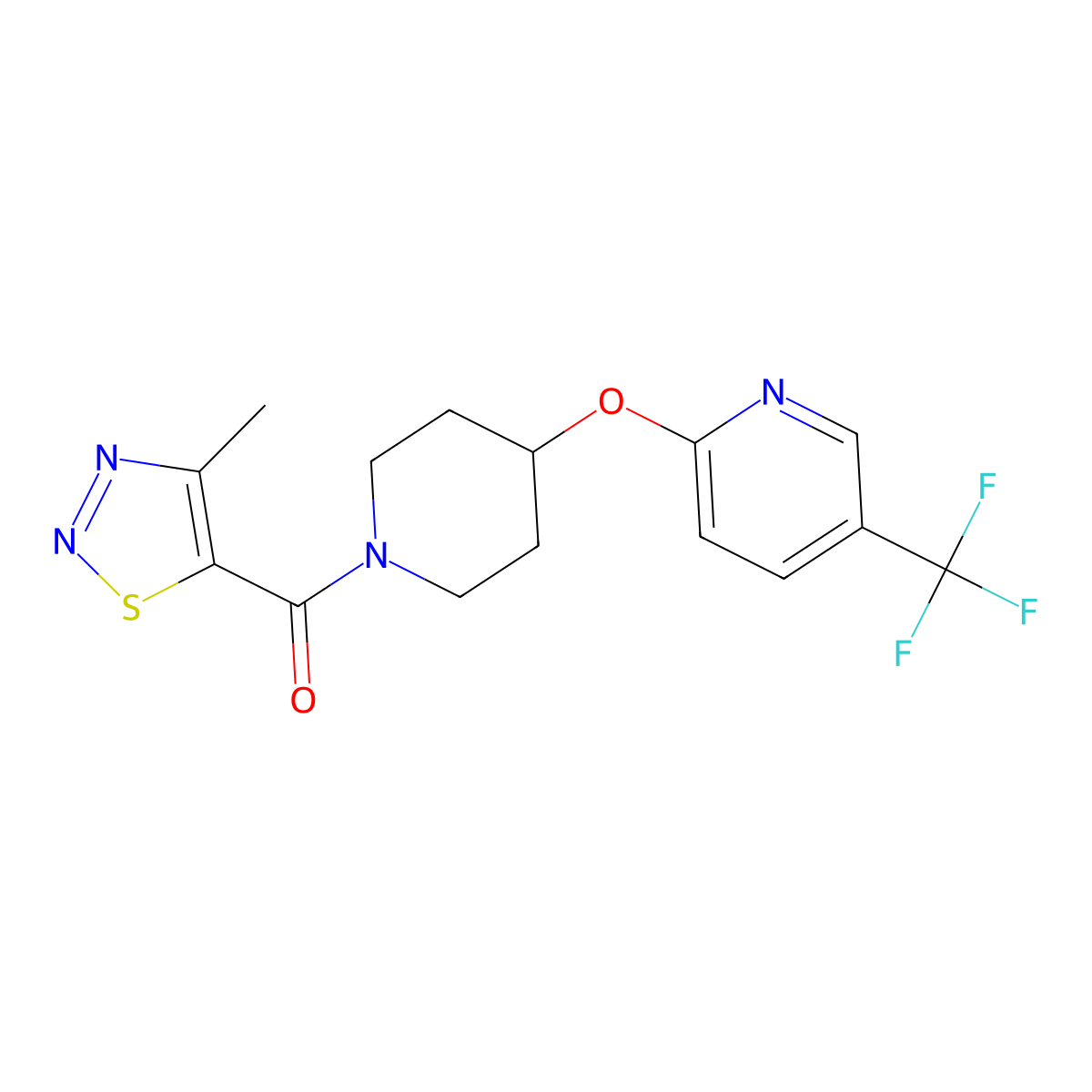 (4-Methyl-1,2,3-thiadiazol-5-yl)(4-((5-(trifluoromethyl)pyridin-2-yl)oxy)piperidin-1-yl)methanone molecular structure, CAS 1421531-25-0