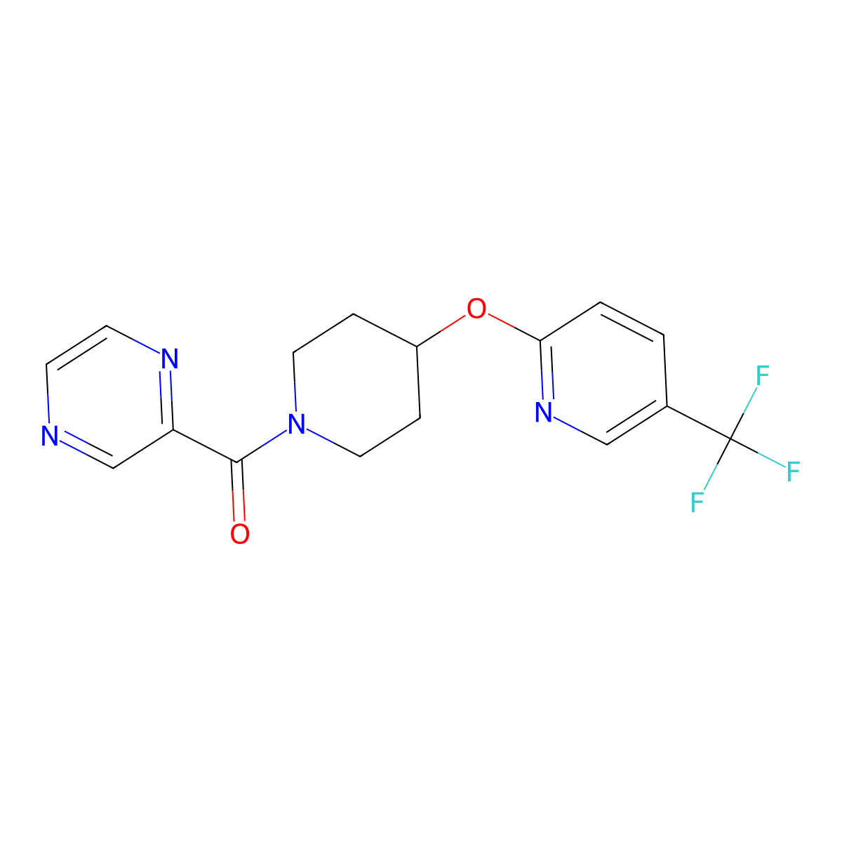 Pyrazin-2-yl(4-((5-(trifluoromethyl)pyridin-2-yl)oxy)piperidin-1-yl)methanone molecular structure, CAS 1421531-29-4