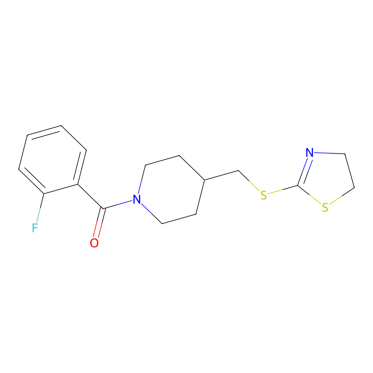 (4-(((4,5-Dihydrothiazol-2-yl)thio)methyl)piperidin-1-yl)(2-fluorophenyl)methanone molecular structure, CAS 1421531-56-7